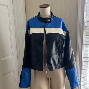 Colorblock Faux Leather Jacket in Blue, Black & White